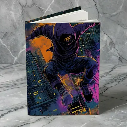 Hooded Figure Leaping Over Neon City