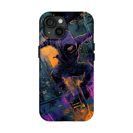 Hooded Figure Leaping Over Neon City