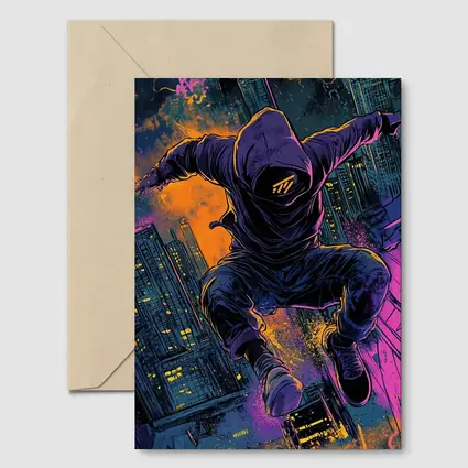 Hooded Figure Leaping Over Neon City