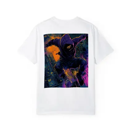 Hooded Figure Leaping Over Neon City