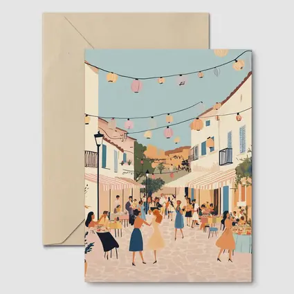 Mediterranean Village Street Festival Illustration Art