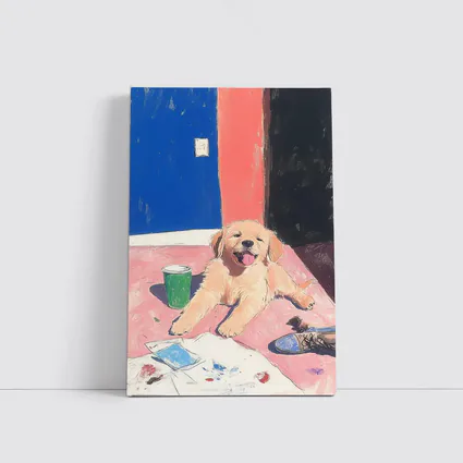 Golden Retriever Puppy Playful Colorful Room Illustration
