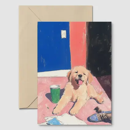 Golden Retriever Puppy Playful Colorful Room Illustration