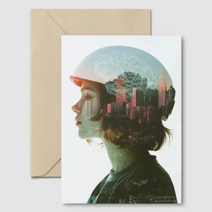 Woman Double Exposure City Brain Skyline