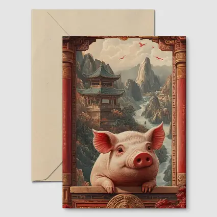Pig Chinese Temple Mountain Landscape Art