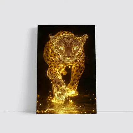 Golden Glowing Leopard Running On Dark Background