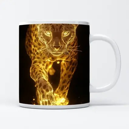 Golden Glowing Leopard Running On Dark Background