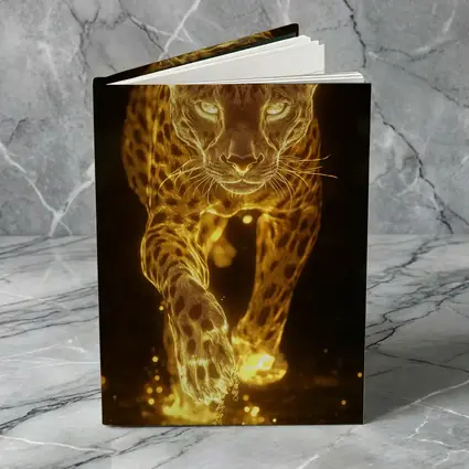 Golden Glowing Leopard Running On Dark Background