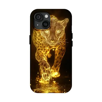 Golden Glowing Leopard Running On Dark Background