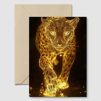 Golden Glowing Leopard Running On Dark Background