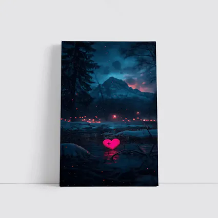 Neon Pink Heart Glowing Snowy Mountain Night