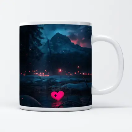 Neon Pink Heart Glowing Snowy Mountain Night