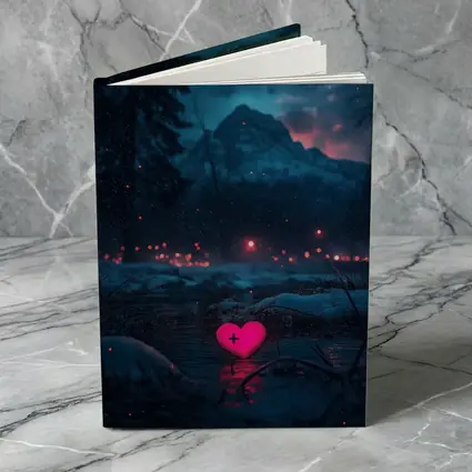 Neon Pink Heart Glowing Snowy Mountain Night