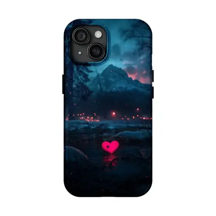 Neon Pink Heart Glowing Snowy Mountain Night