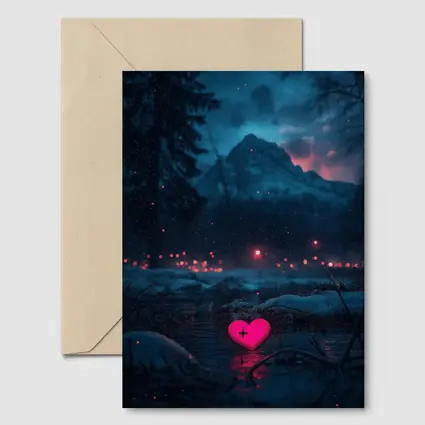 Neon Pink Heart Glowing Snowy Mountain Night