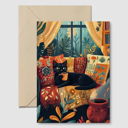 Black Cat Relaxing on Cozy Boho Couch