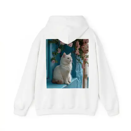 White Cat Sitting Blue Wall Pink Flowers