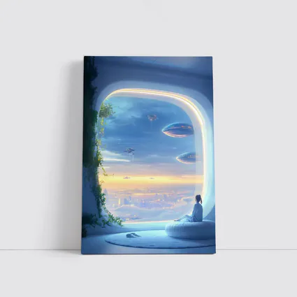 Futuristic City Girl Window Flying Spaceships