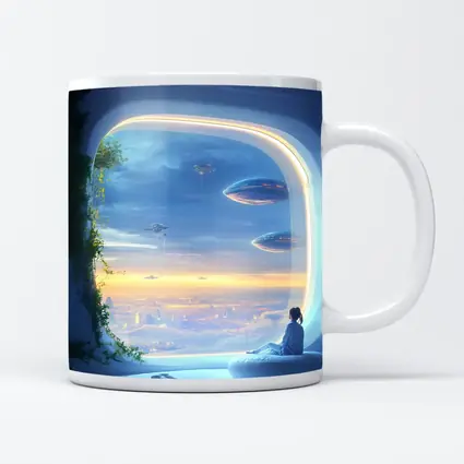 Futuristic City Girl Window Flying Spaceships