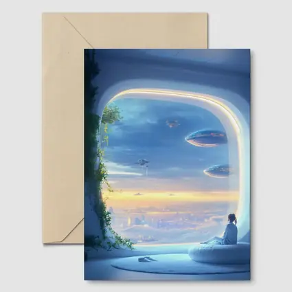 Futuristic City Girl Window Flying Spaceships