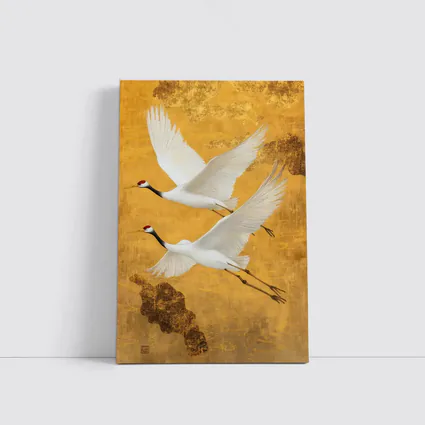 Two Red Crowned Cranes Flying Gold Background