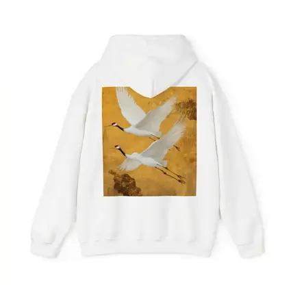 Two Red Crowned Cranes Flying Gold Background
