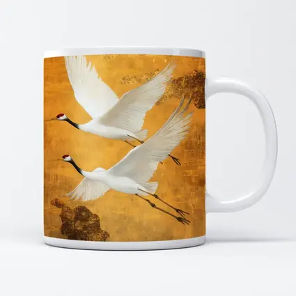 Two Red Crowned Cranes Flying Gold Background