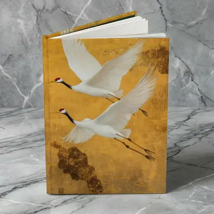 Two Red Crowned Cranes Flying Gold Background