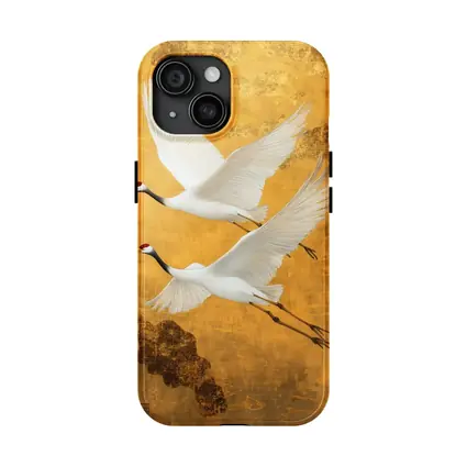 Two Red Crowned Cranes Flying Gold Background