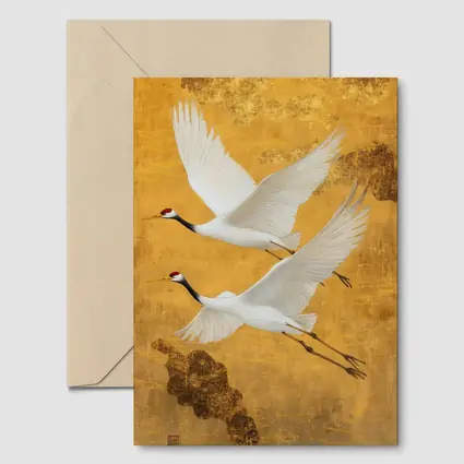 Two Red Crowned Cranes Flying Gold Background