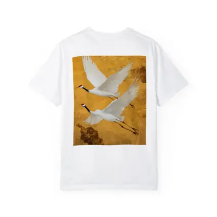 Two Red Crowned Cranes Flying Gold Background