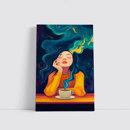 Dreaming Woman Coffee Cosmic Swirling Hair