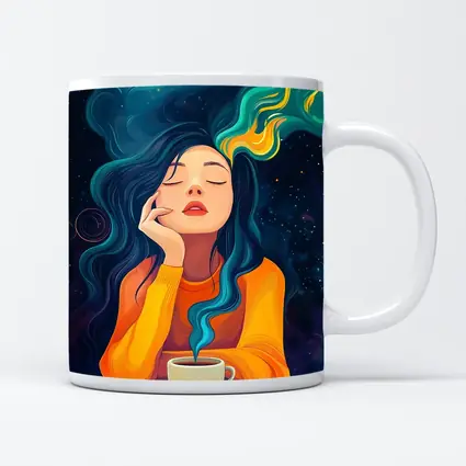 Dreaming Woman Coffee Cosmic Swirling Hair