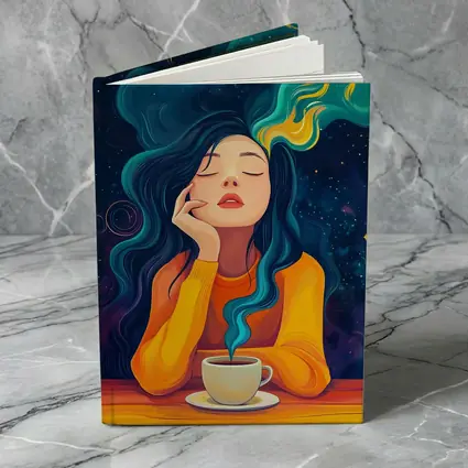 Dreaming Woman Coffee Cosmic Swirling Hair