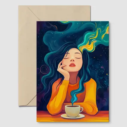 Dreaming Woman Coffee Cosmic Swirling Hair