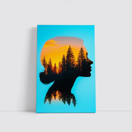 Woman Silhouette Double Exposure Forest Sunset