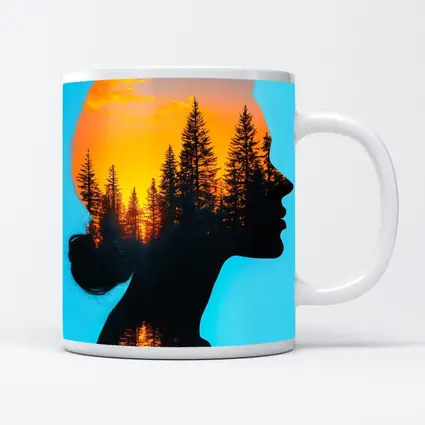 Woman Silhouette Double Exposure Forest Sunset