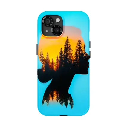 Woman Silhouette Double Exposure Forest Sunset