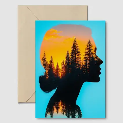 Woman Silhouette Double Exposure Forest Sunset