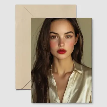 Young Woman Red Lips Silk Shirt Portrait