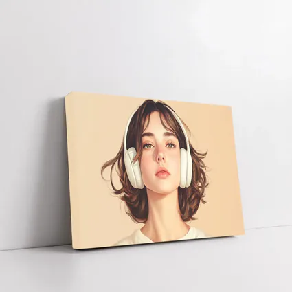 Young Woman Headphones Illustration Beige Background