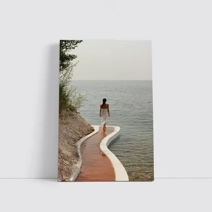 Woman Walking Curved Coastal Path Ocean View