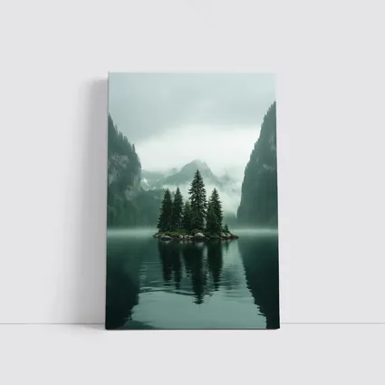 Misty Mountain Lake Island Pine Trees