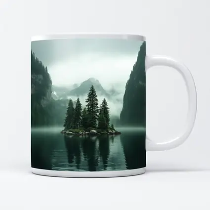Misty Mountain Lake Island Pine Trees