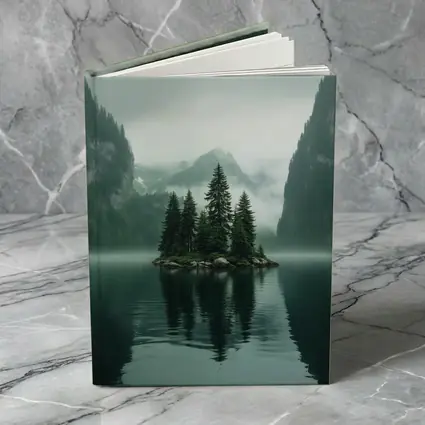 Misty Mountain Lake Island Pine Trees