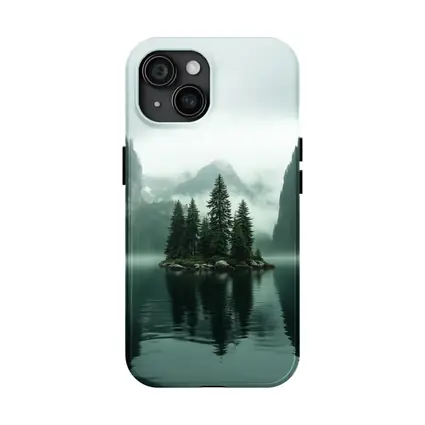 Misty Mountain Lake Island Pine Trees