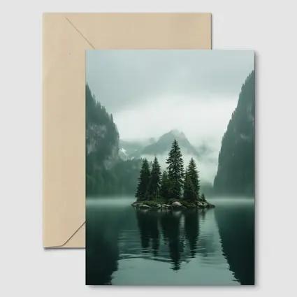Misty Mountain Lake Island Pine Trees