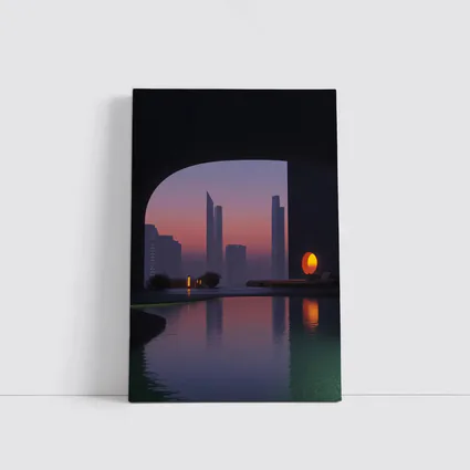 City Skyline Sunset Reflection Pool Arch
