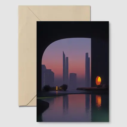 City Skyline Sunset Reflection Pool Arch