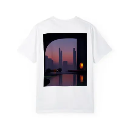 City Skyline Sunset Reflection Pool Arch